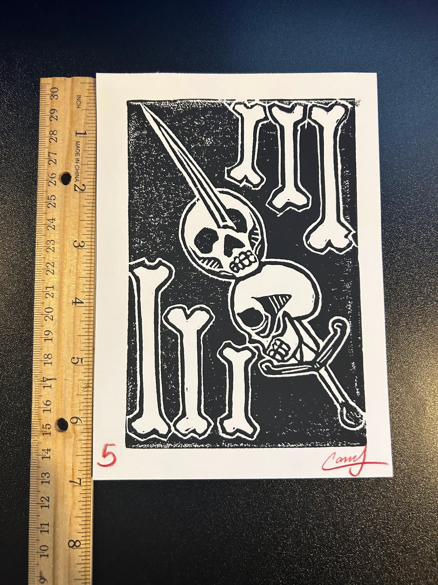 5x7 Black Ink Skulls on Sword Lino-Cut Print