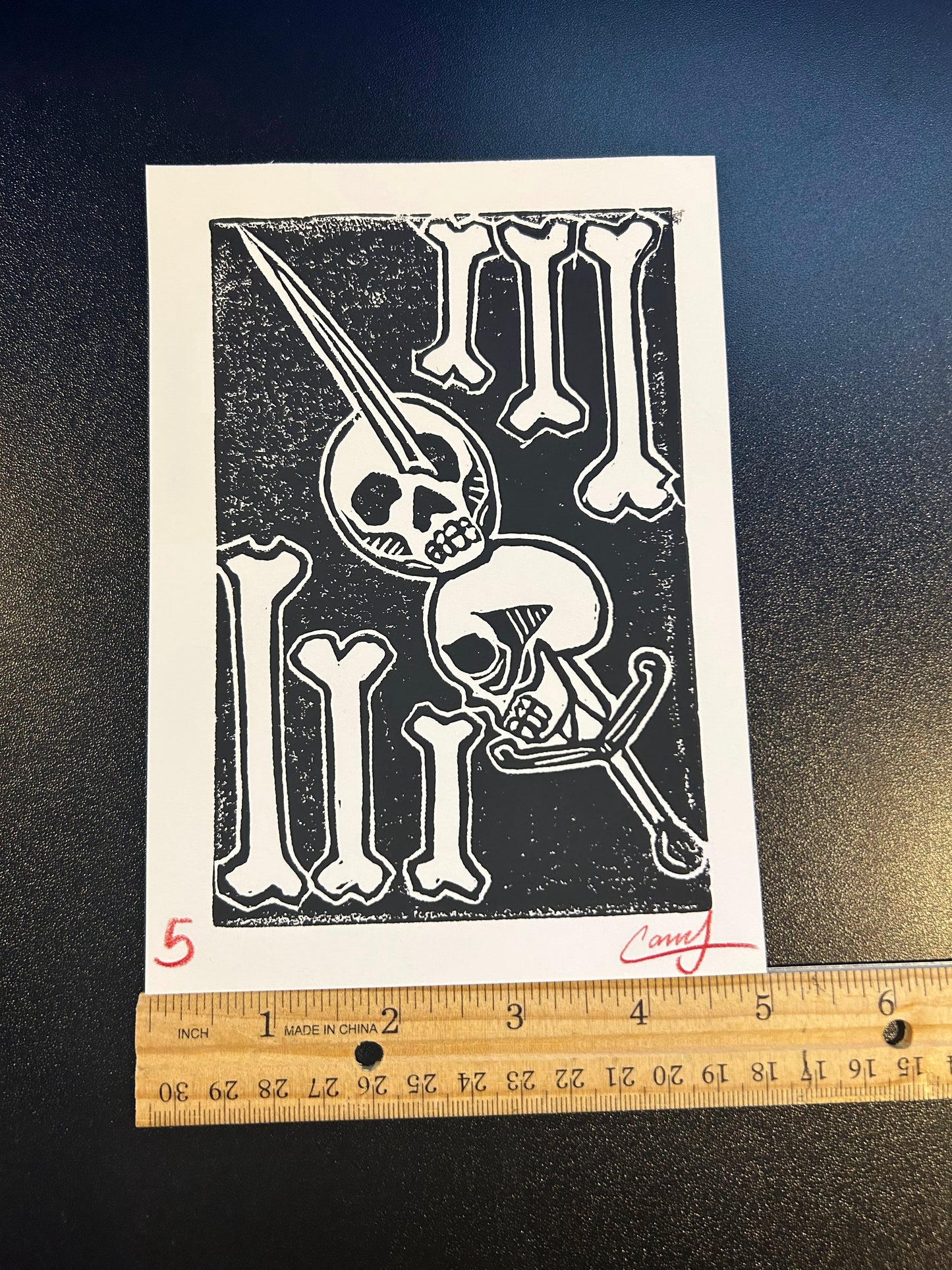 5x7 Black Ink Skulls on Sword Lino-Cut Print