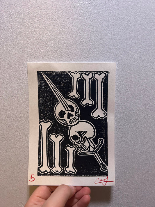 5x7 Black Ink Skulls on Sword Lino-Cut Print