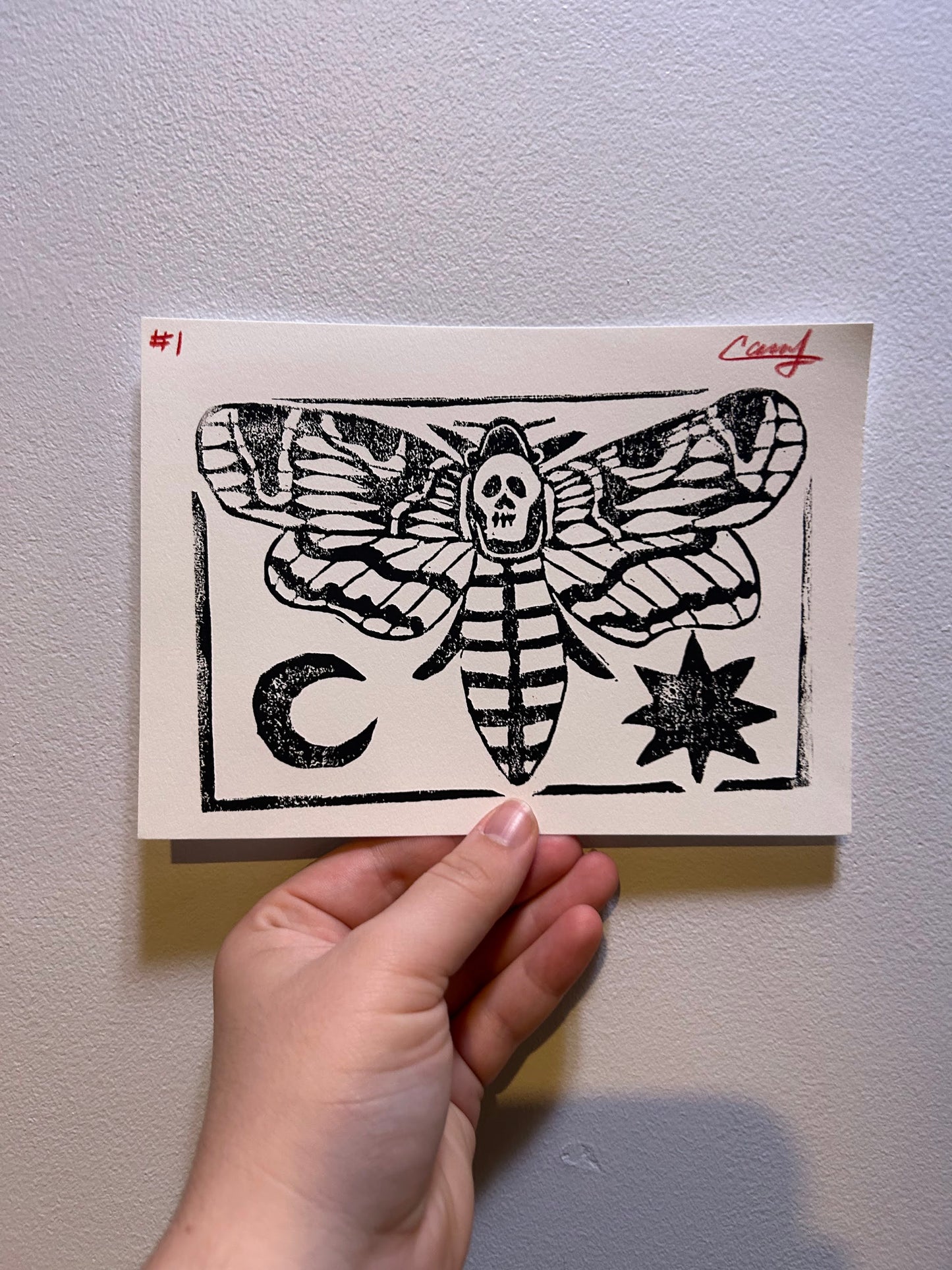 5x7 Black Ink Death's Head Hawk Moth Lino-Cut Print