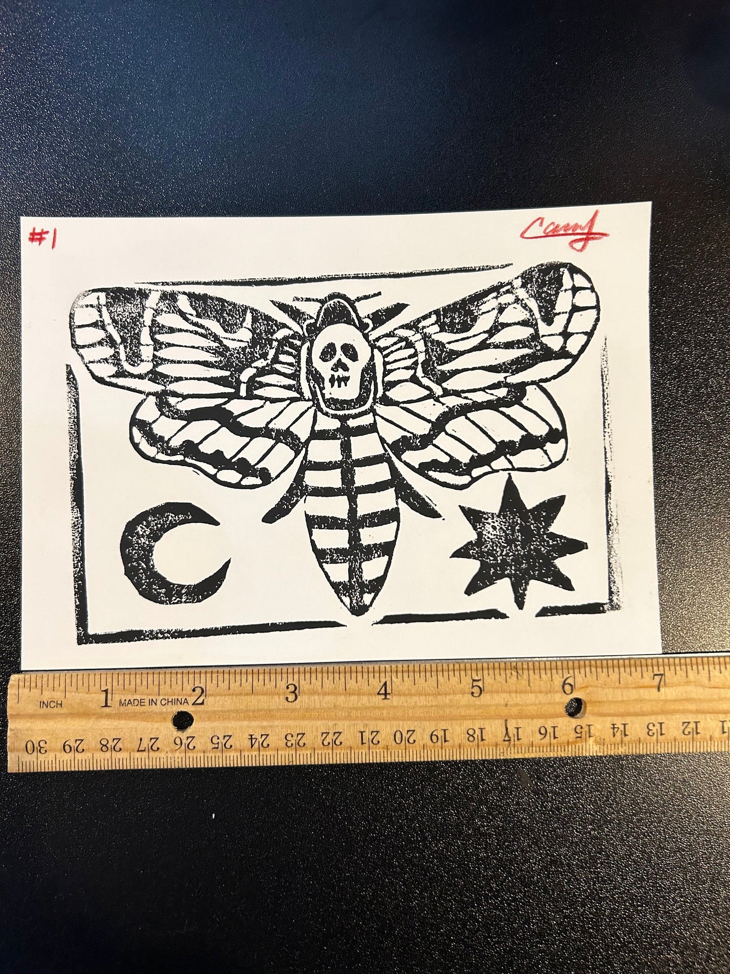 5x7 Black Ink Death's Head Hawk Moth Lino-Cut Print