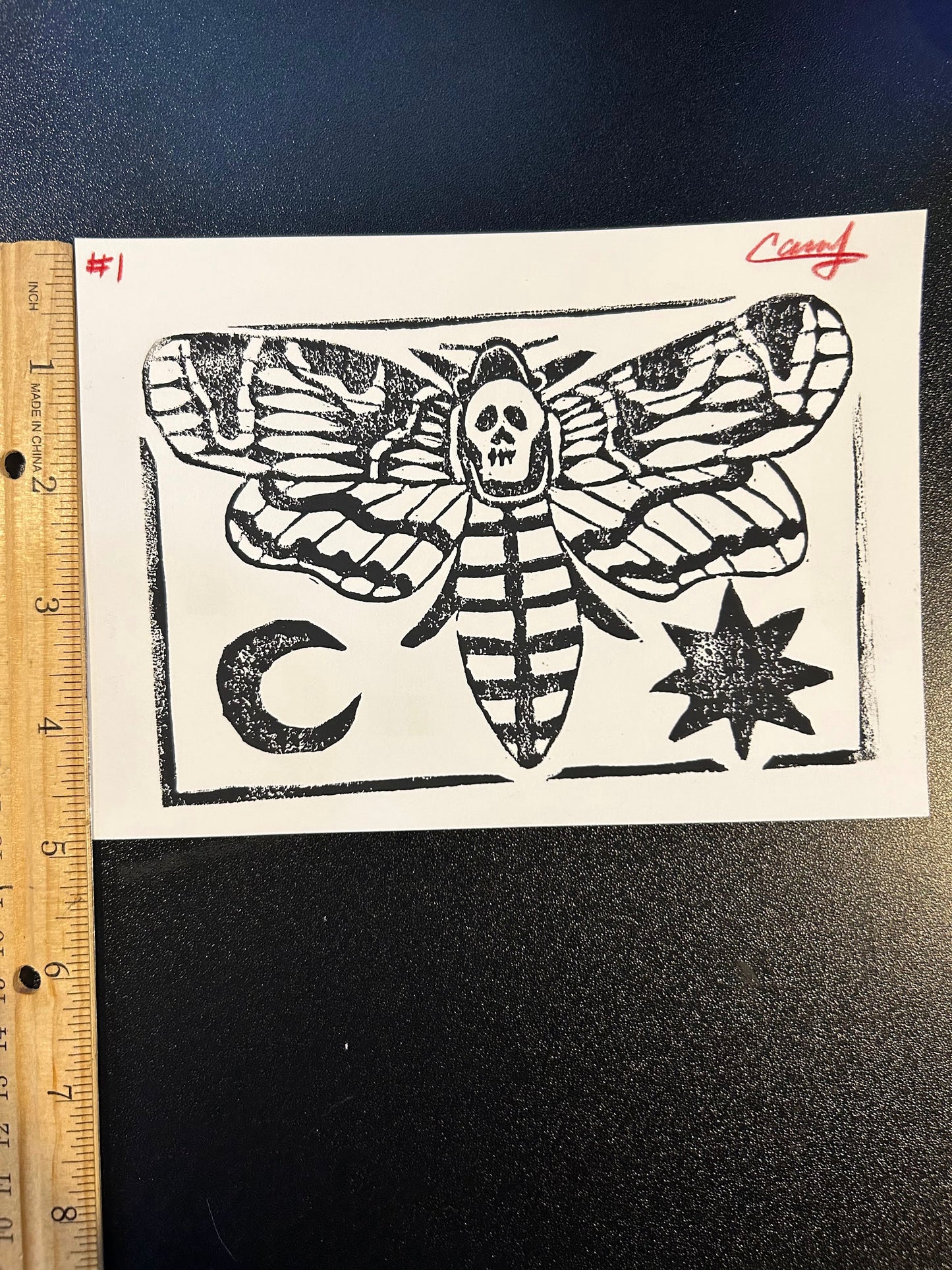 5x7 Black Ink Death's Head Hawk Moth Lino-Cut Print